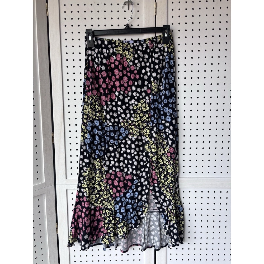 Vylette Women's Juniors M Midi Floral Skirt Colorful Spring Pull On Half Slit